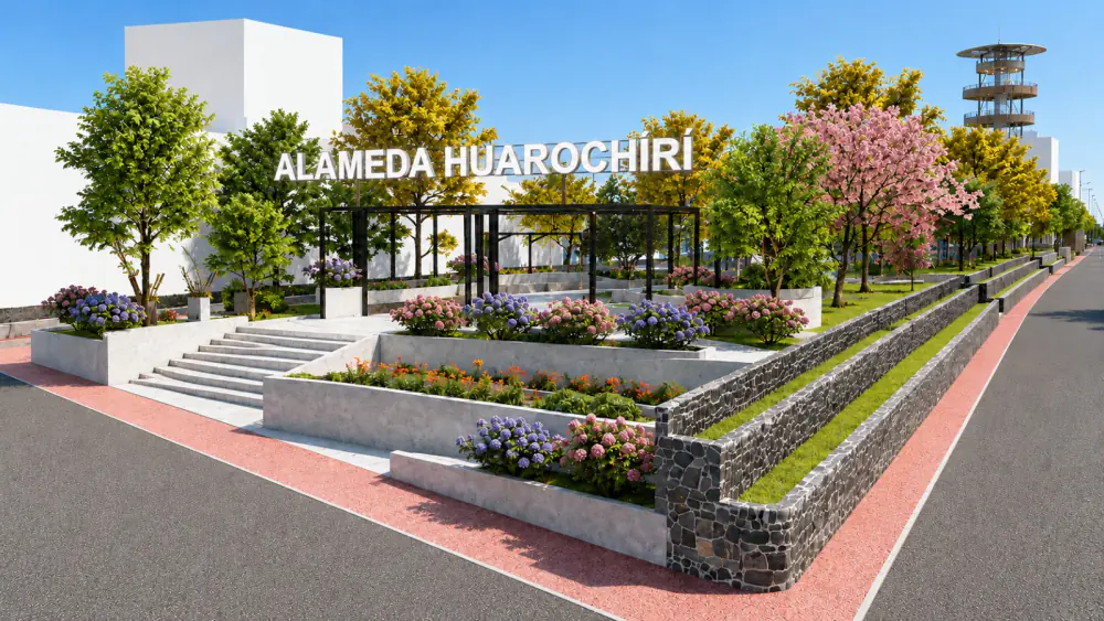 Proyecto de la Alameda Huarochirí: paseo con jardineras escalonadas, árboles florecidos y ciclovía