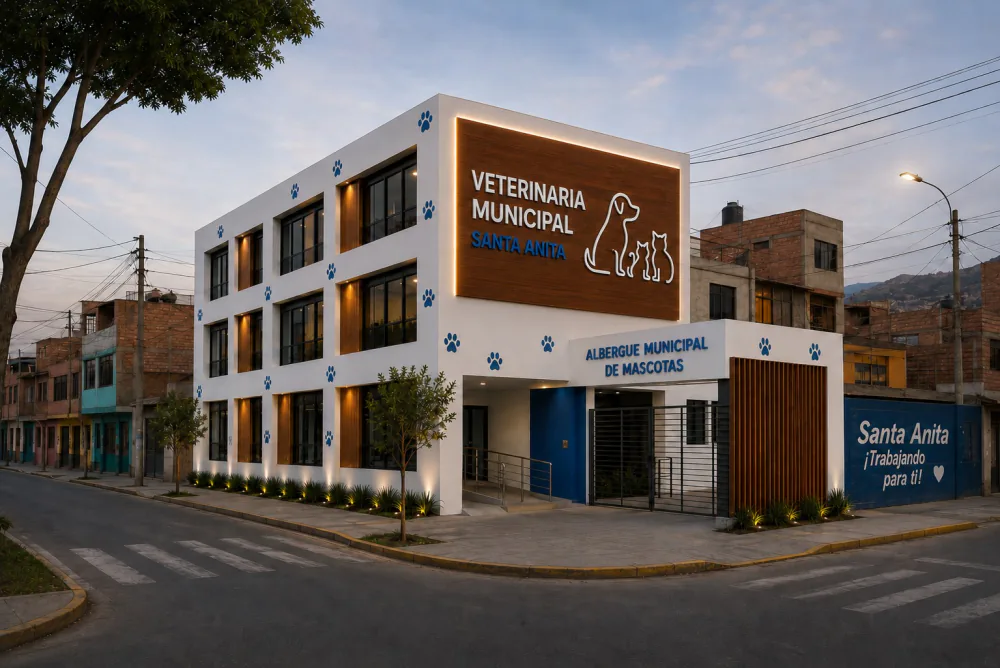 Proyecto de la Veterinaria y Albergue Municipal de Santa Anita: edificio blanco de tres pisos con huellas de perro azules en la fachada