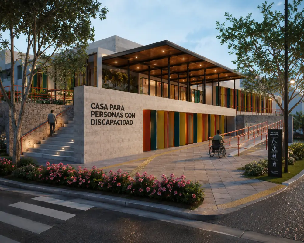 Proyecto de la Casa para personas con discapacidad: edificio con celosías de colores, rampa de acceso y jardines