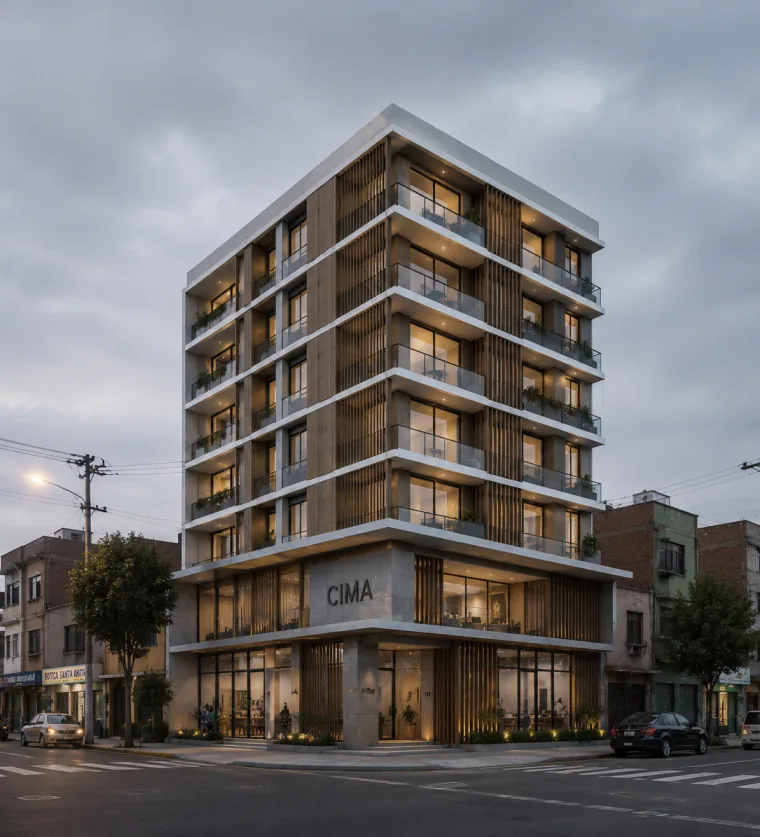 Proyecto del Centro Integral Municipal y Asistencial (CIMA): edificio de siete pisos en esquina, con balcones y celosías de madera
