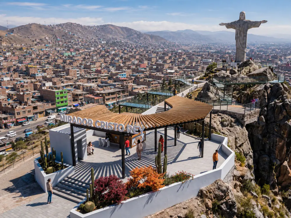 Proyecto del Mirador Cristo Rey: terraza con pérgola de madera y baranda de vidrio al pie del Cristo, con vista a todo el distrito
