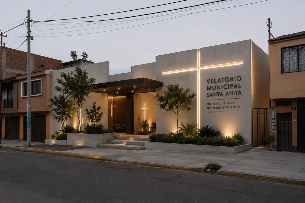 Proyecto del Velatorio Municipal de Santa Anita: fachada de piedra clara con una cruz iluminada y jardineras en la vereda